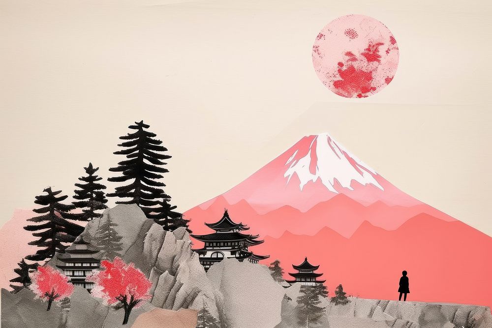 Japan mountain drawing nature. AI generated Image by rawpixel.