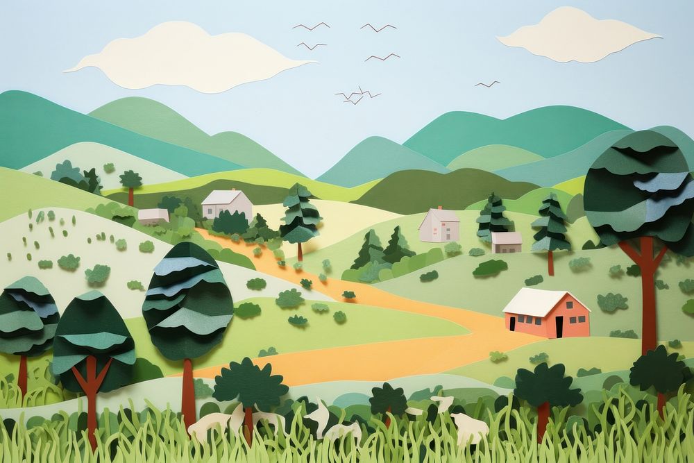 Farm scene painting outdoors nature. AI generated Image by rawpixel.