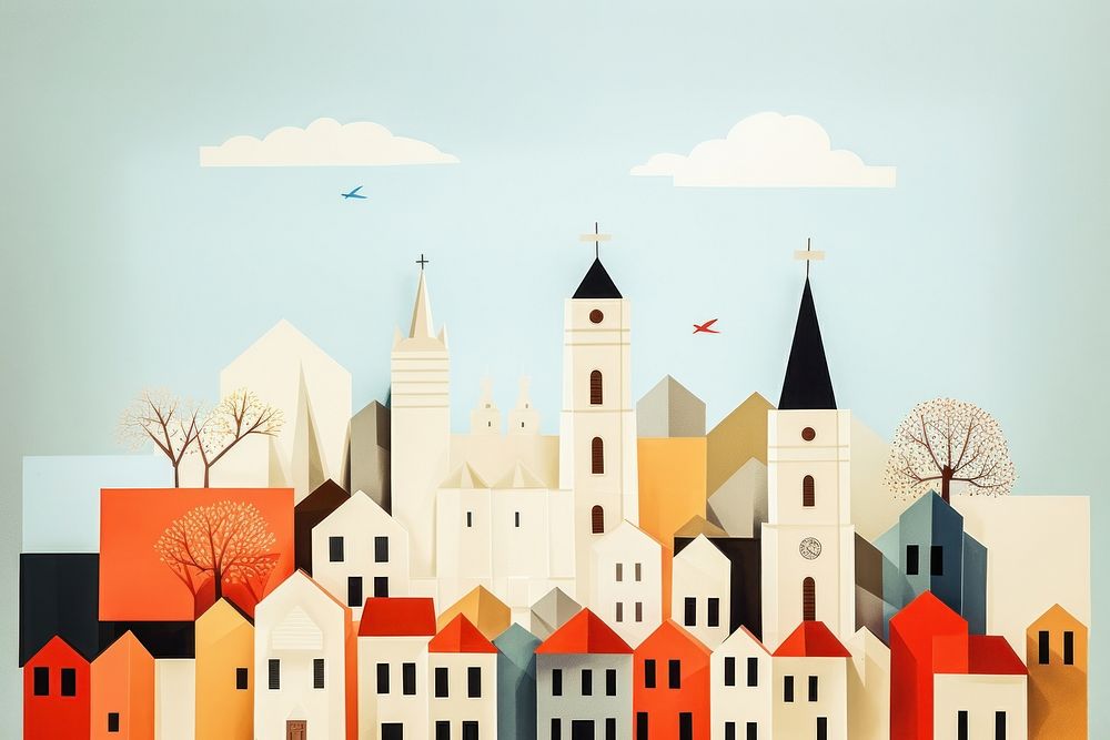 Church town scene painting architecture building. AI generated Image by rawpixel.