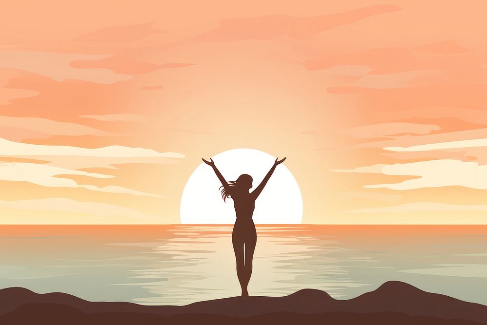 Woman arms outstretched backlighting beach adult.