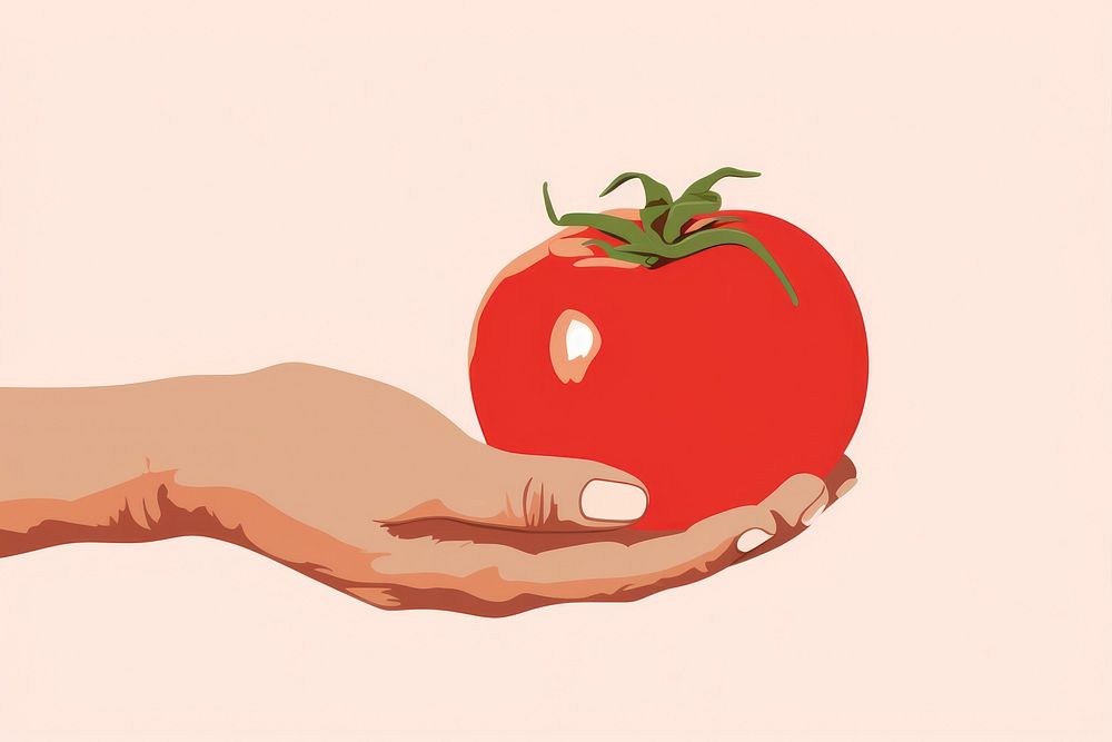 Hand holding tomato vegetable plant food. 