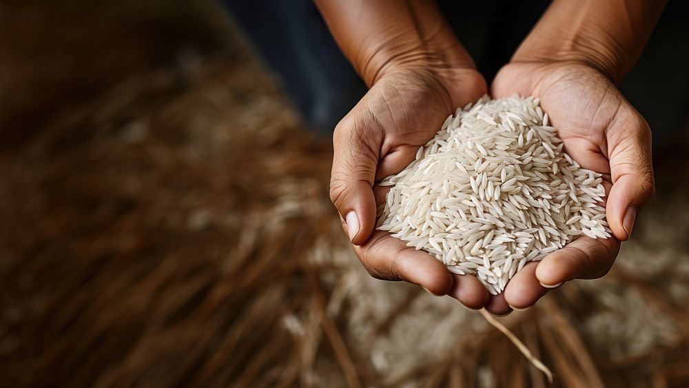 Hands holding rice agriculture accessories midsection. 