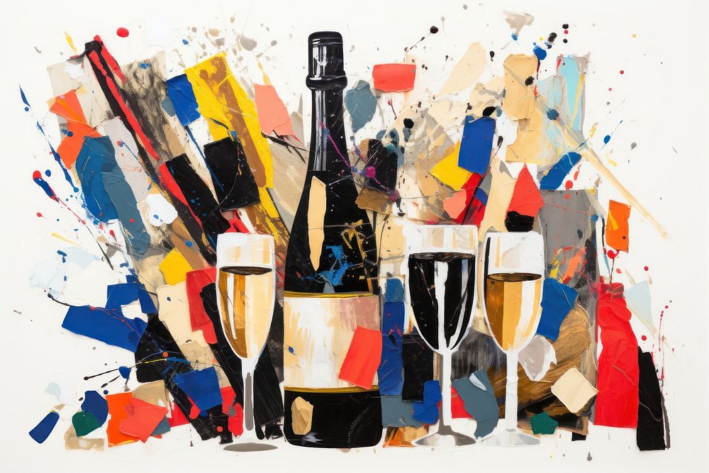 New year celebration champagne collage painting drink. AI generated Image by rawpixel.
