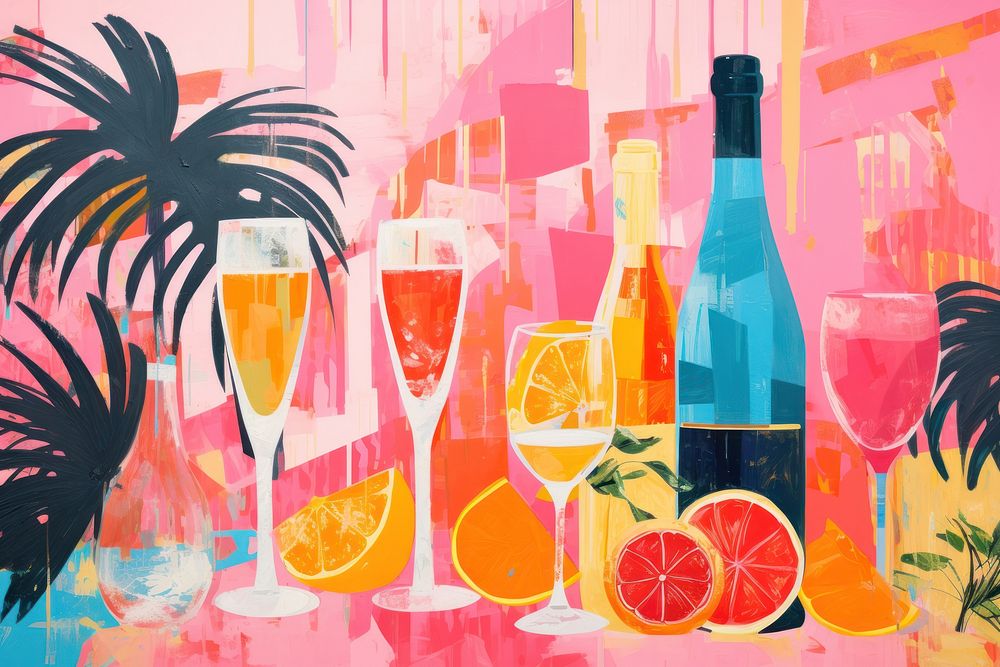 New year celebration champagne grapefruit painting drink. 