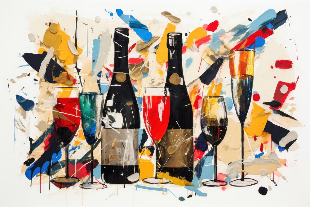 New year celebration champagne painting collage drink. 