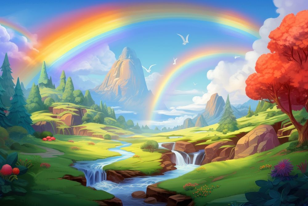 Rainbow landscape outdoors painting. AI generated Image by rawpixel.
