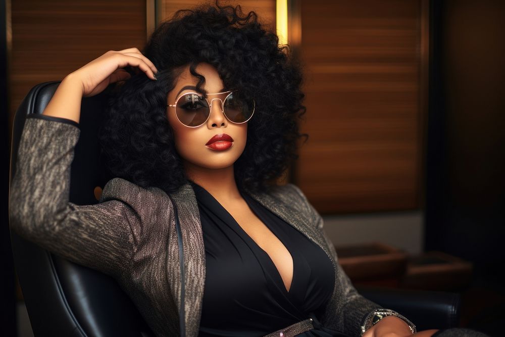 Chubby black businesswoman sunglasses portrait fashion. 