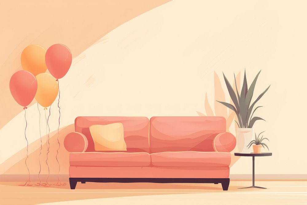 Cozy living room with a pink sofa, balloons, and a plant. The pink sofa adds charm. Balloons and a plant create a lively…