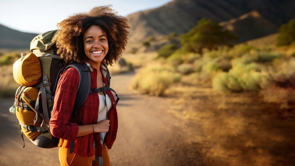 A Africa woman backpack smiling smile. 