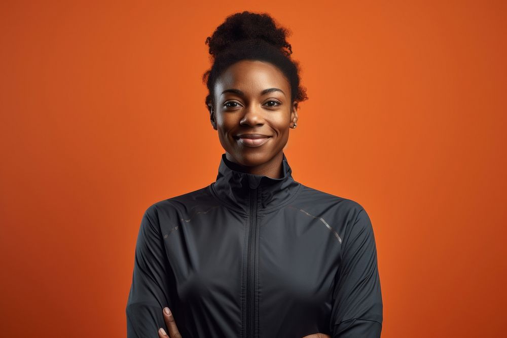 Black sportswoman standing portrait smile. 