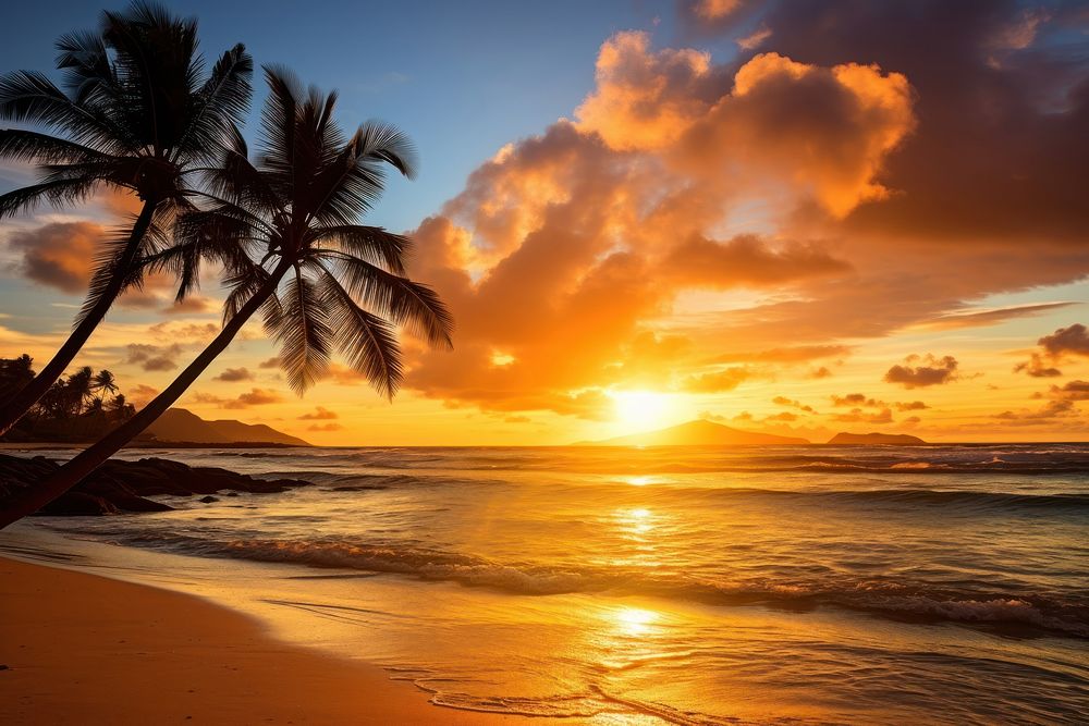 Sandy tropical beach sunset landscape outdoors. 