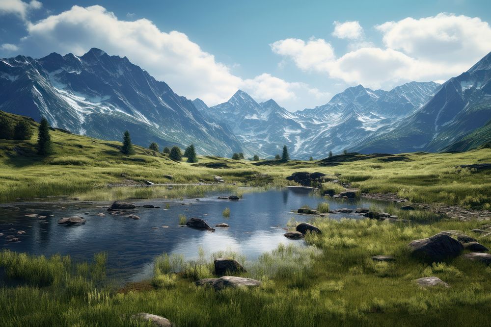 Mountain lake land wilderness landscape. AI generated Image by rawpixel.