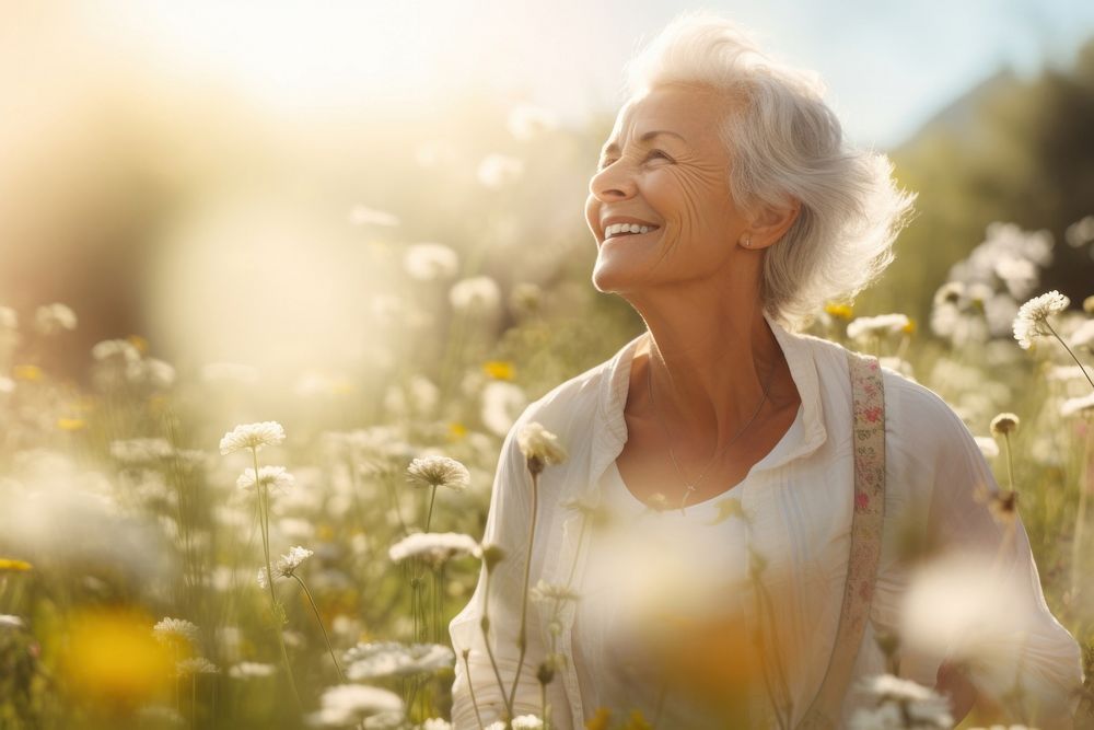 Senior woman hiking through flower field adult contemplation tranquility. 