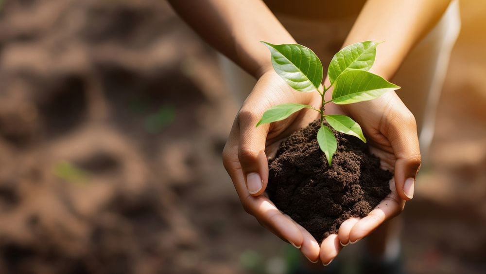 Hand holding small tree planting soil gardening. 