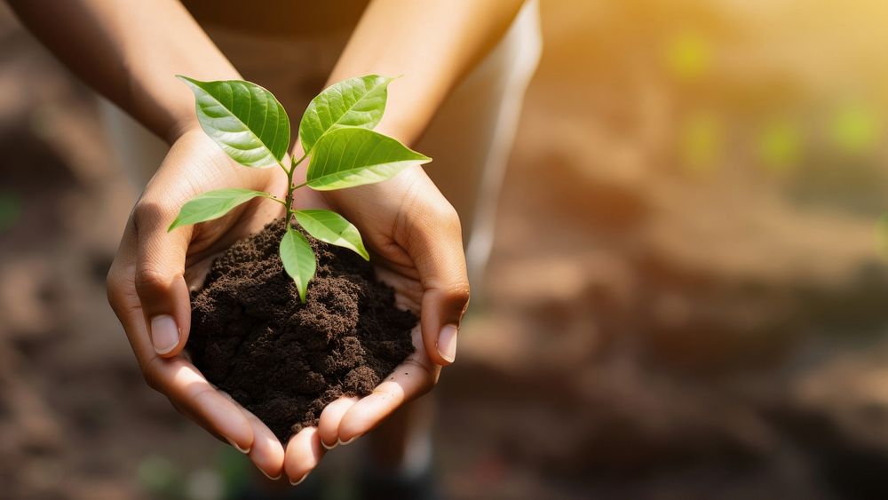 Hand holding small tree planting soil gardening. AI generated Image by rawpixel.