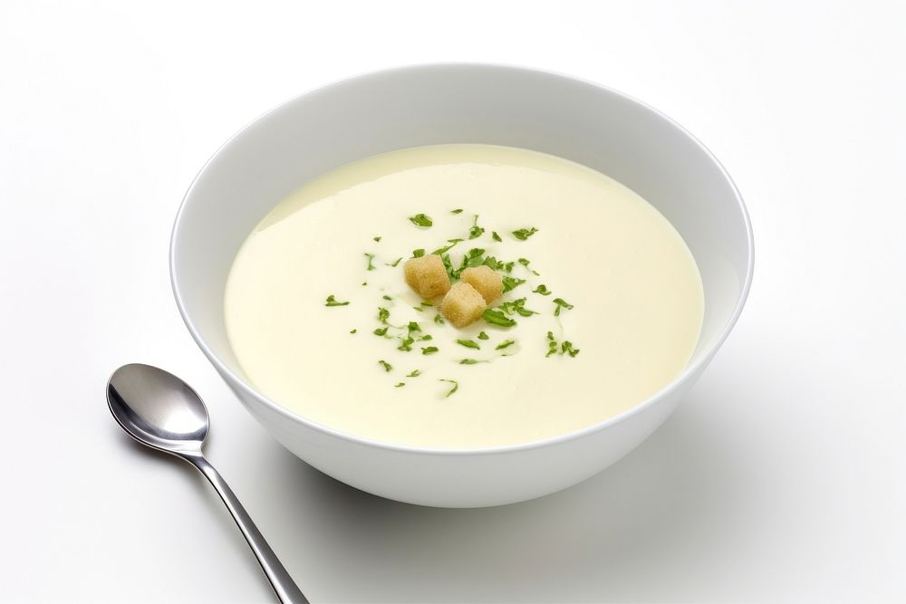 Vichyssoise spoon plate food. AI generated Image by rawpixel.