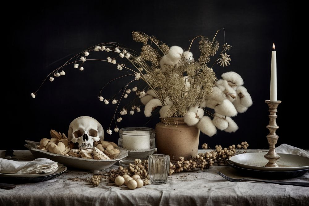 Halloween table decoration candle flower plant. AI generated Image by rawpixel.