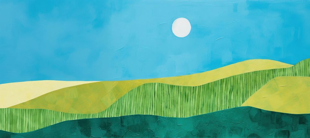 An acrylic painting on paper cut into make a collage of a lush green hillside blue sky clean. AI generated Image by rawpixel.