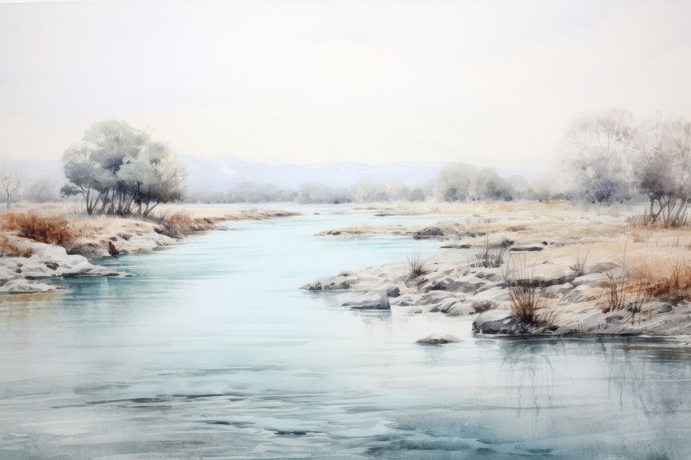 River painting landscape outdoors. 