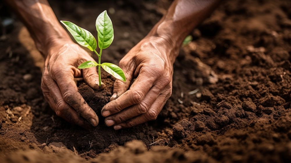 Hands planting soil gardening outdoors. 