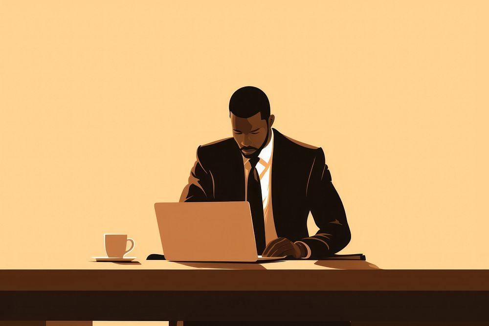 Black business man desk furniture computer. AI generated Image by rawpixel.