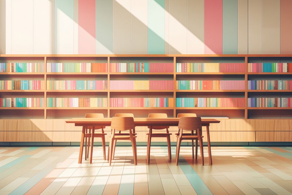 Library with table publication furniture bookshelf.