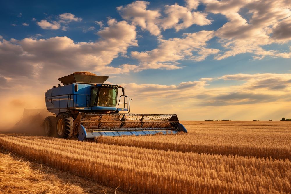 Tractor pulling grain cart outdoors harvest nature. AI generated Image by rawpixel.