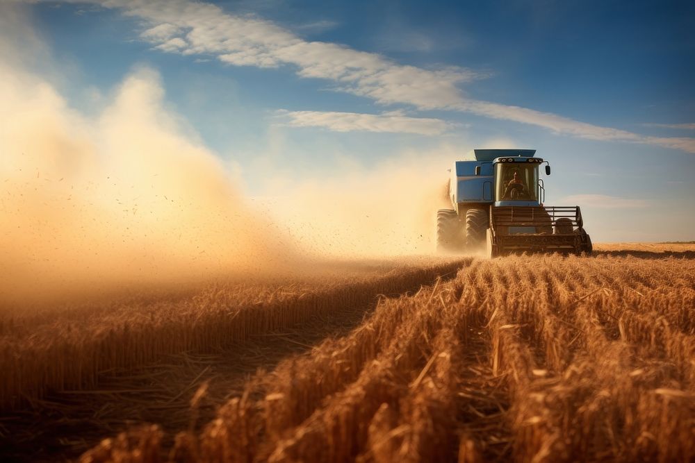 Tractor pulling grain cart field agriculture outdoors. 