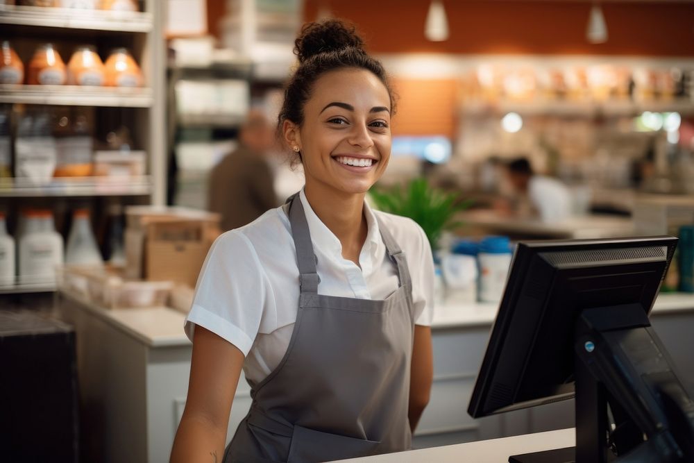 Customer checkout smiling working. 