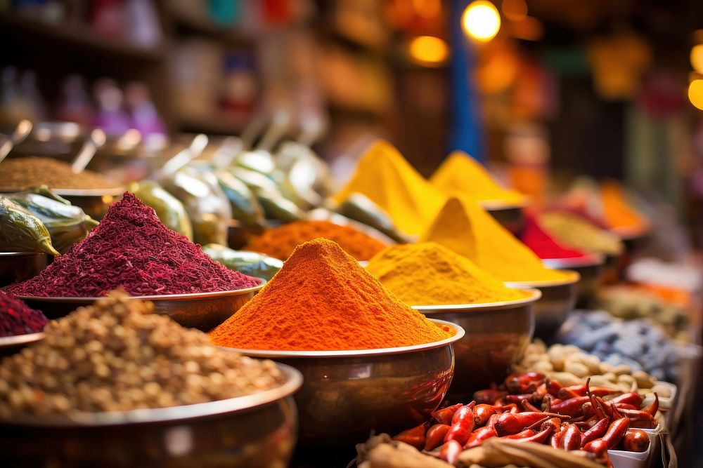 Colorful spices market food arrangement.