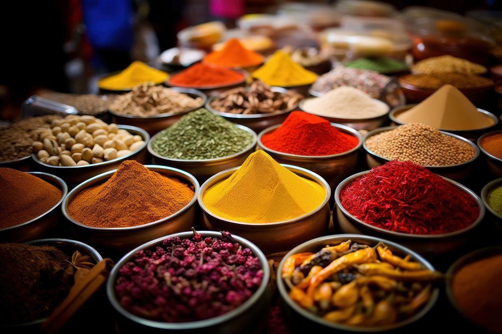 Colorful spices market food arrangement. 