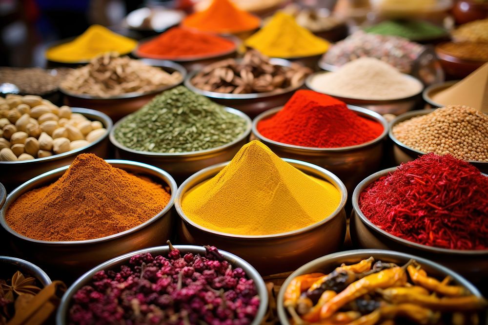 Colorful spices market food arrangement. 