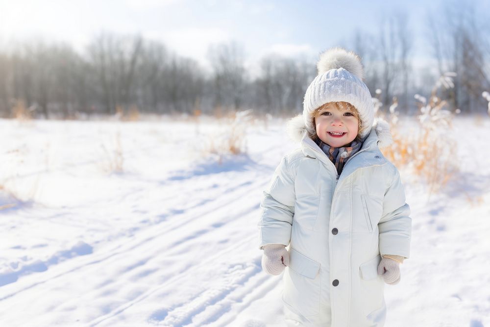 Happy kid snow coat outdoors. 