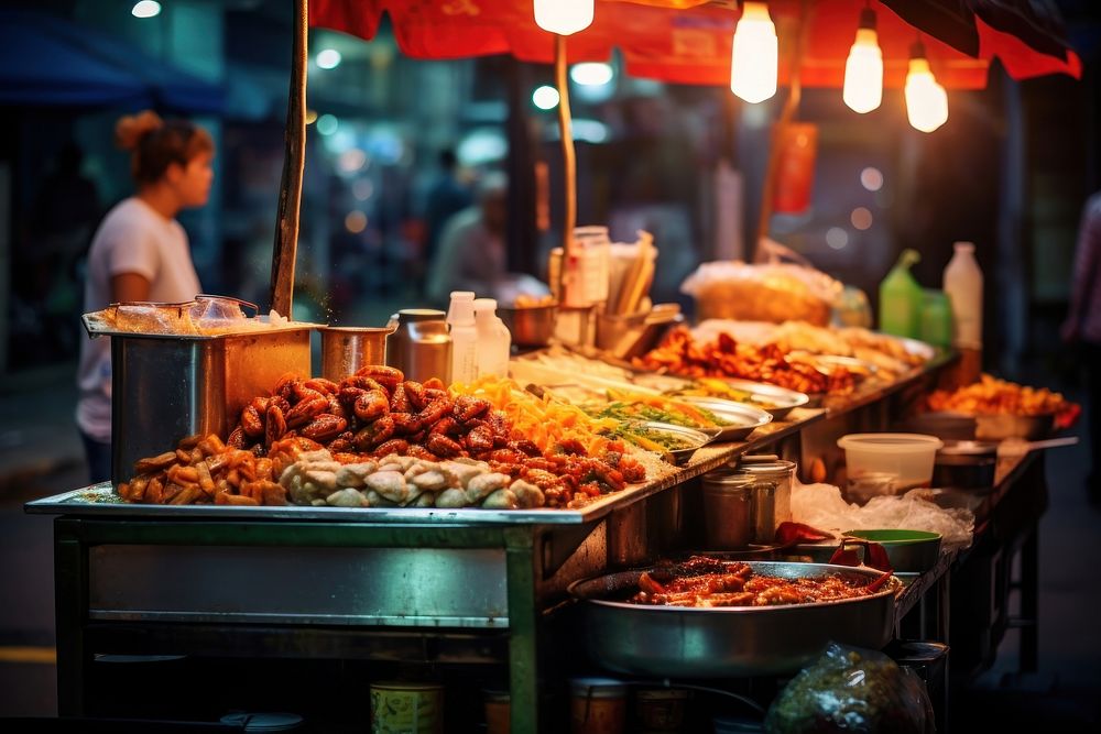 Street food meal architecture illuminated. AI generated Image by rawpixel.