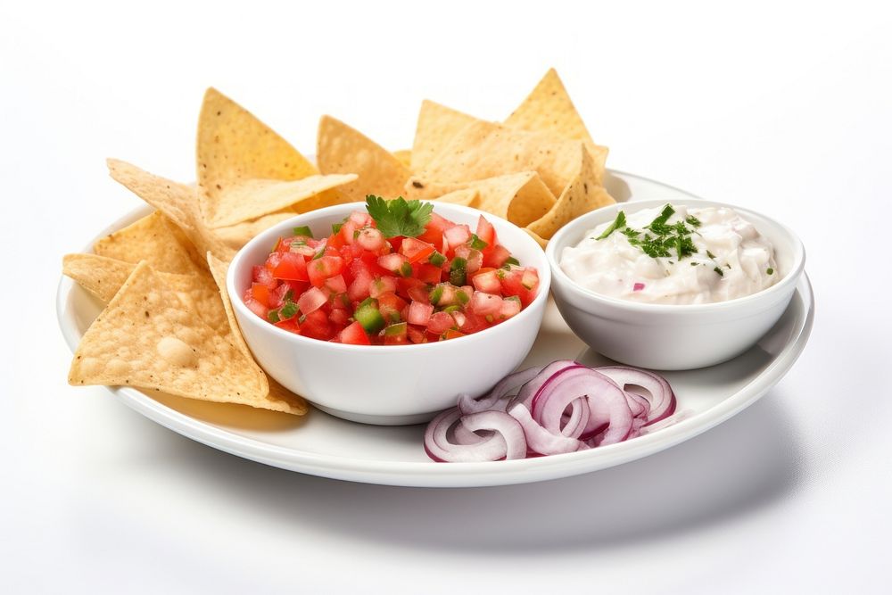 Tomato salsa nachos snack plate. 