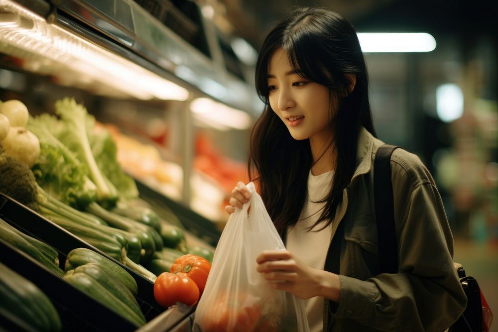 Asian woman buy vegetables supermarket bag consumerism. AI generated Image by rawpixel.