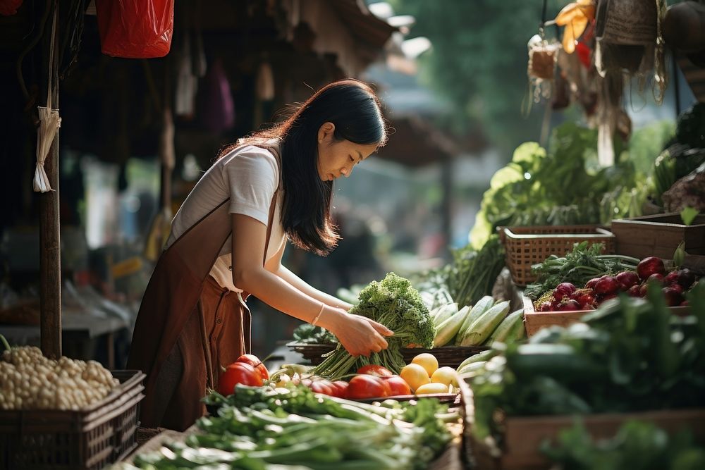 Woman buying organic food market outdoors adult. 