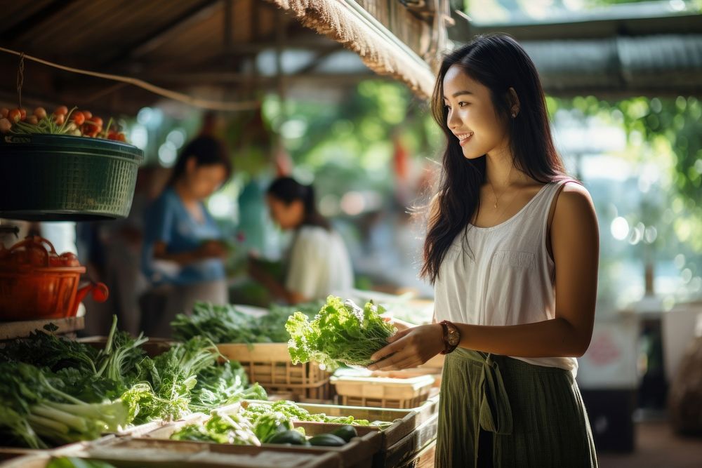 Woman buying organic food market outdoors adult. 