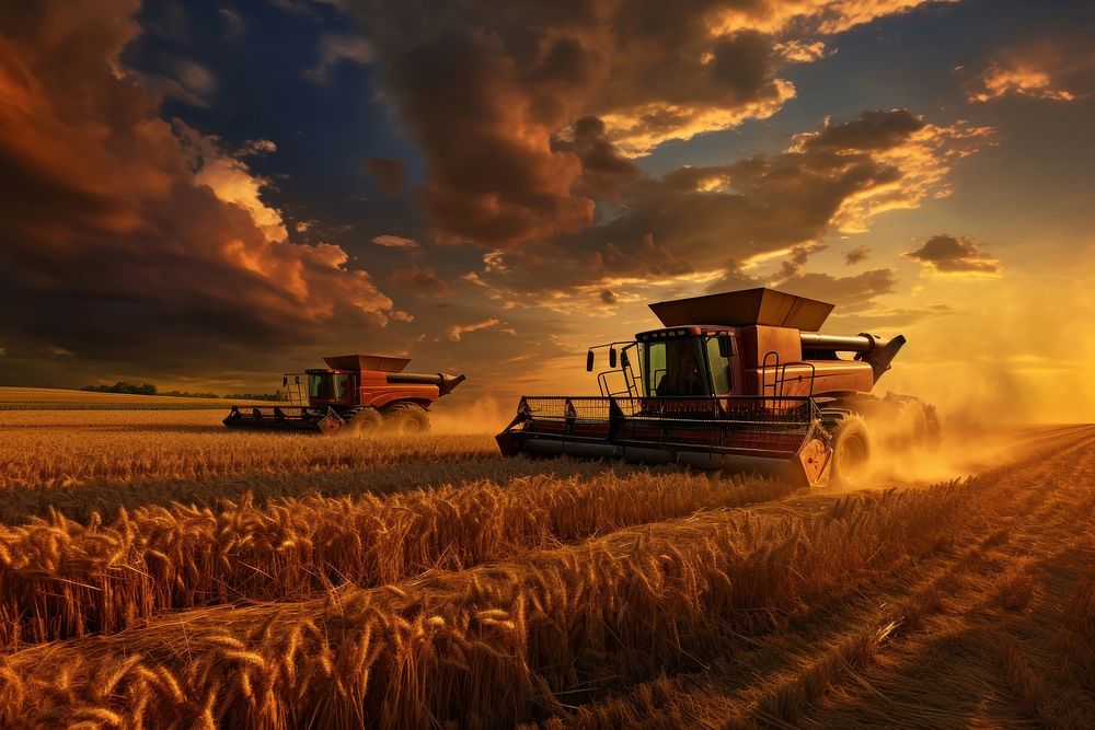 Combines harvesting wheat agriculture outdoors nature. AI generated Image by rawpixel.