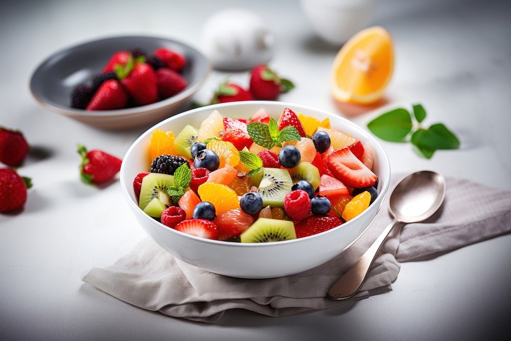 Fresh fruit salad bowl berry table. 