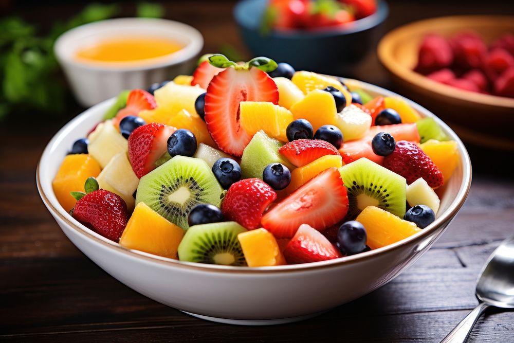 Fresh fruit salad bowl blueberry table. AI generated Image by rawpixel.
