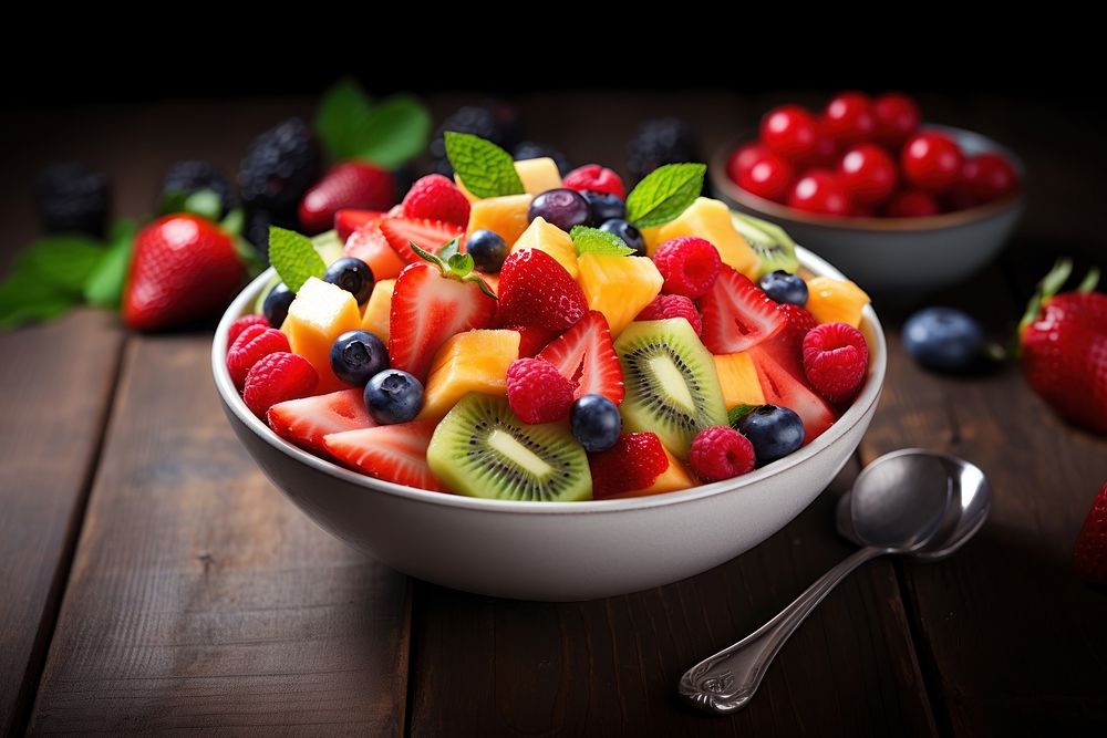 Fresh fruit salad bowl blueberry spoon. AI generated Image by rawpixel.