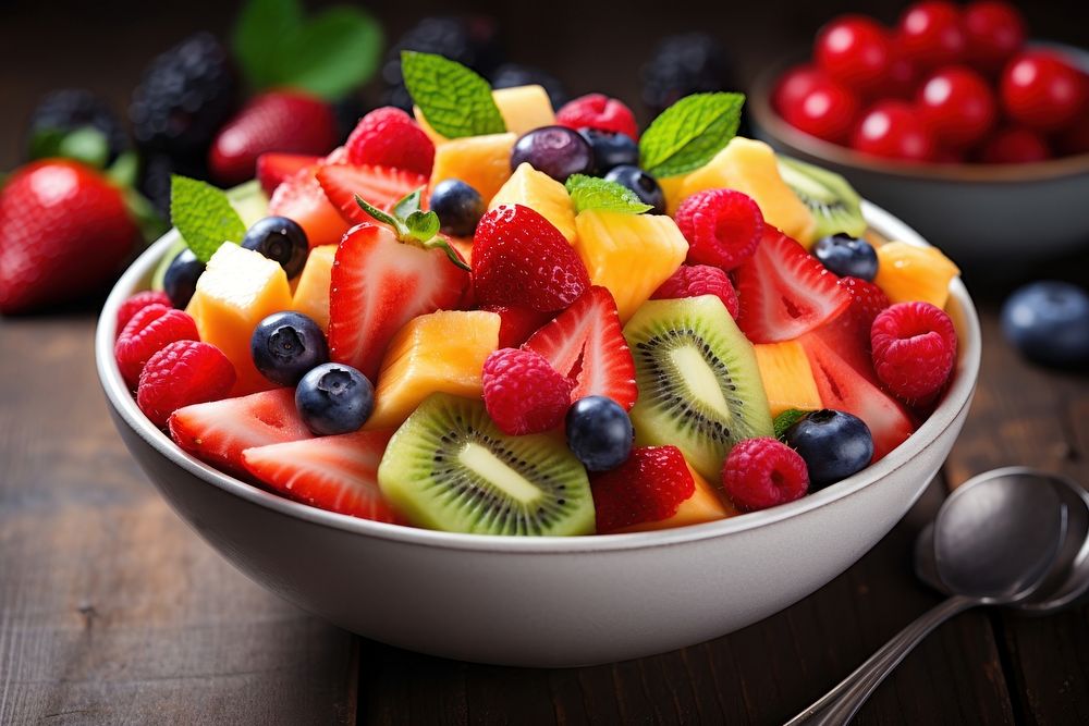 Fresh fruit salad bowl strawberry blueberry. AI generated Image by rawpixel.
