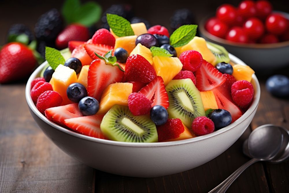 Fresh fruit salad bowl strawberry blueberry. 