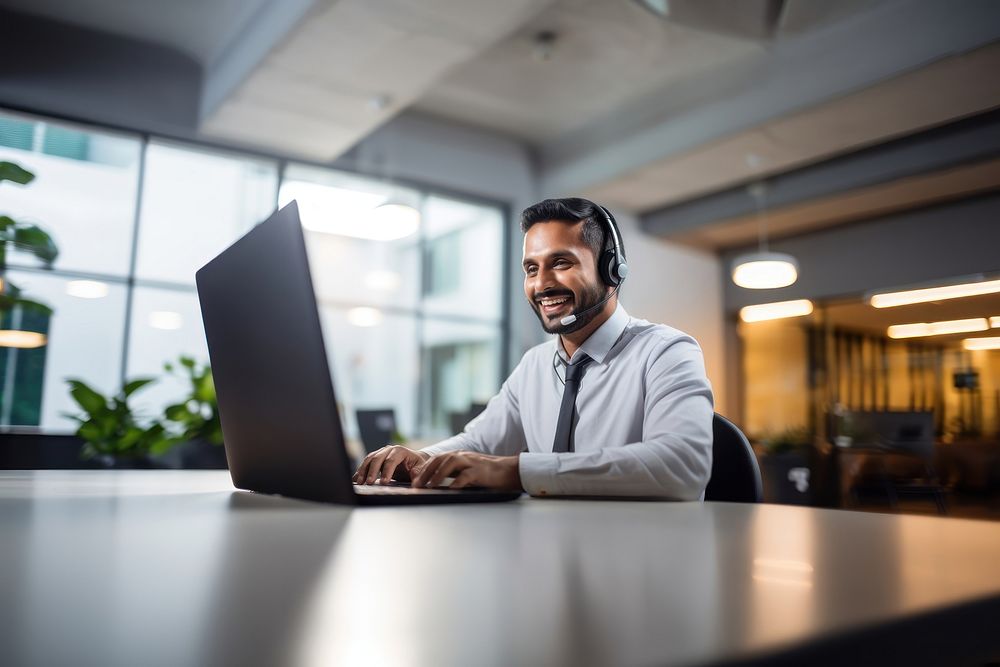 Photo of indian man working at call center, smilling talking to a laptop. 