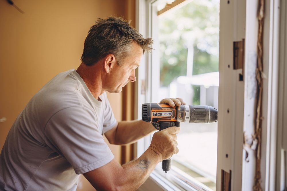 Man fixing door house tool craftsperson. 