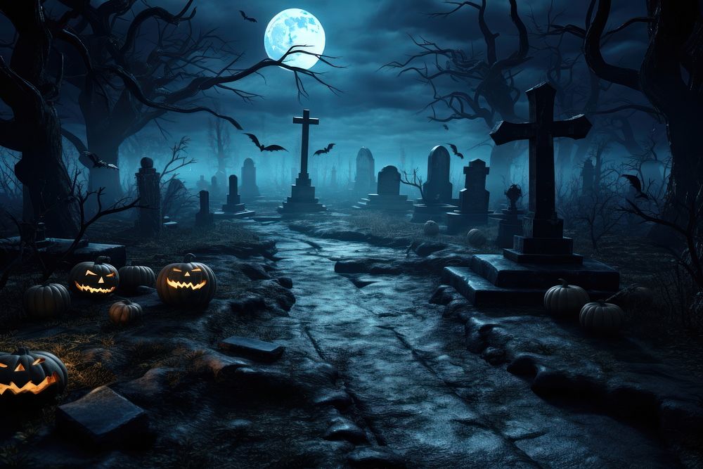 Halloween graveyard night outdoors moon. AI generated Image by rawpixel.