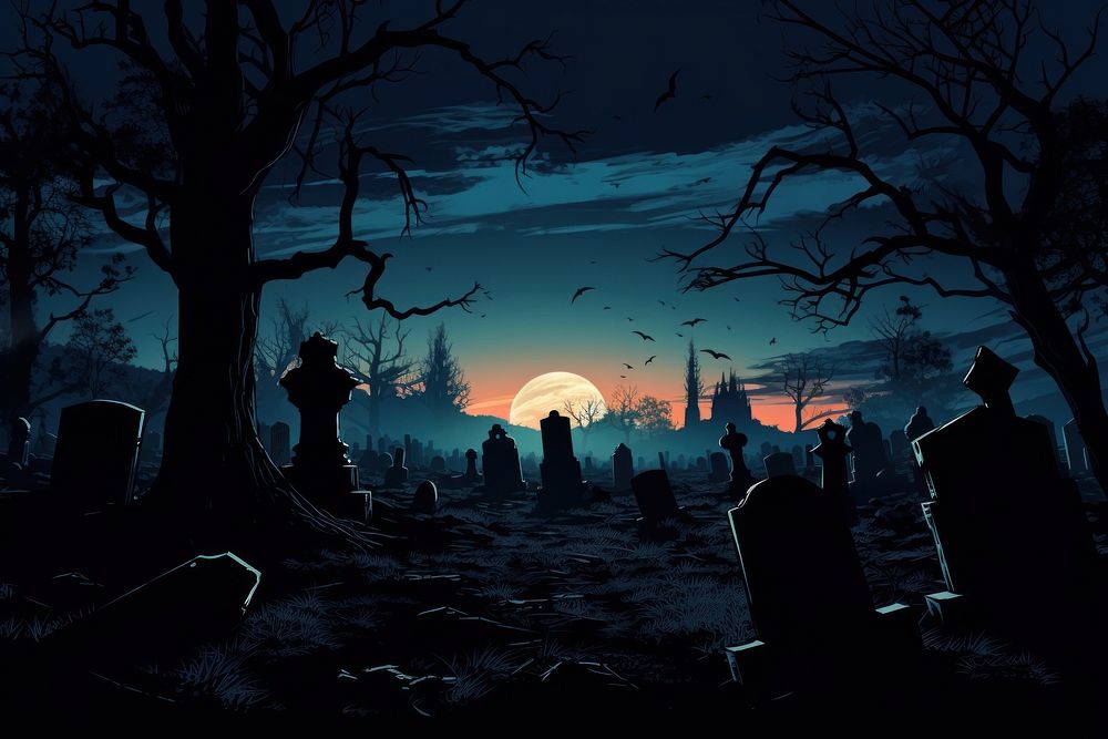 Halloween night silhouette graveyard. AI generated Image by rawpixel.