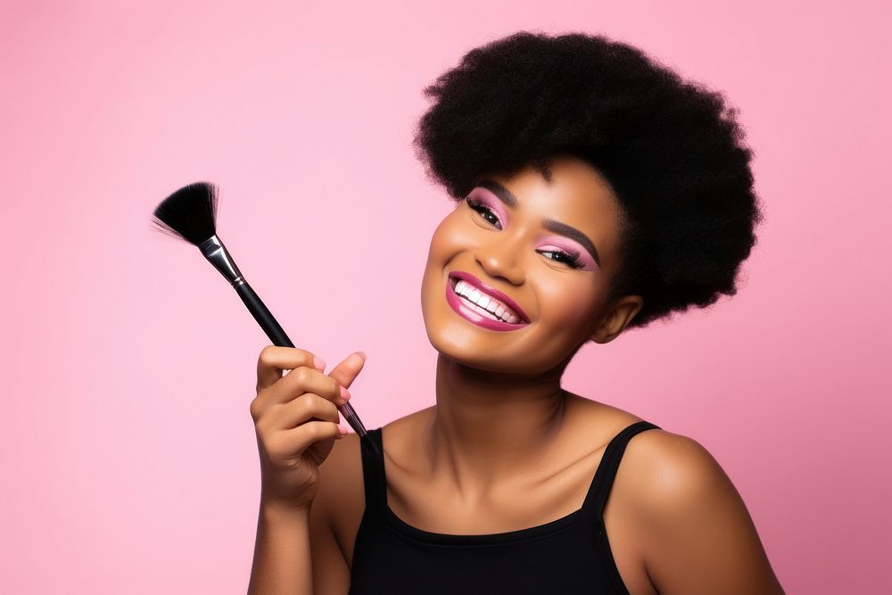 Girl makeup brush cosmetics smiling holding. AI generated Image by rawpixel.