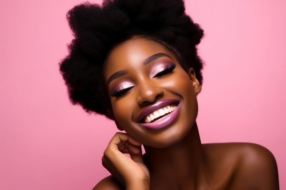 Black girl makeup portrait laughing smiling. AI generated Image by rawpixel.